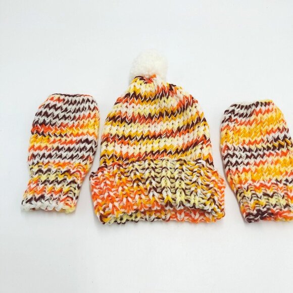 Handmade Loom Knit Fingerless Gloves Beanie Hat Toque Pompom Size Small Autumn - Picture 14 of 16